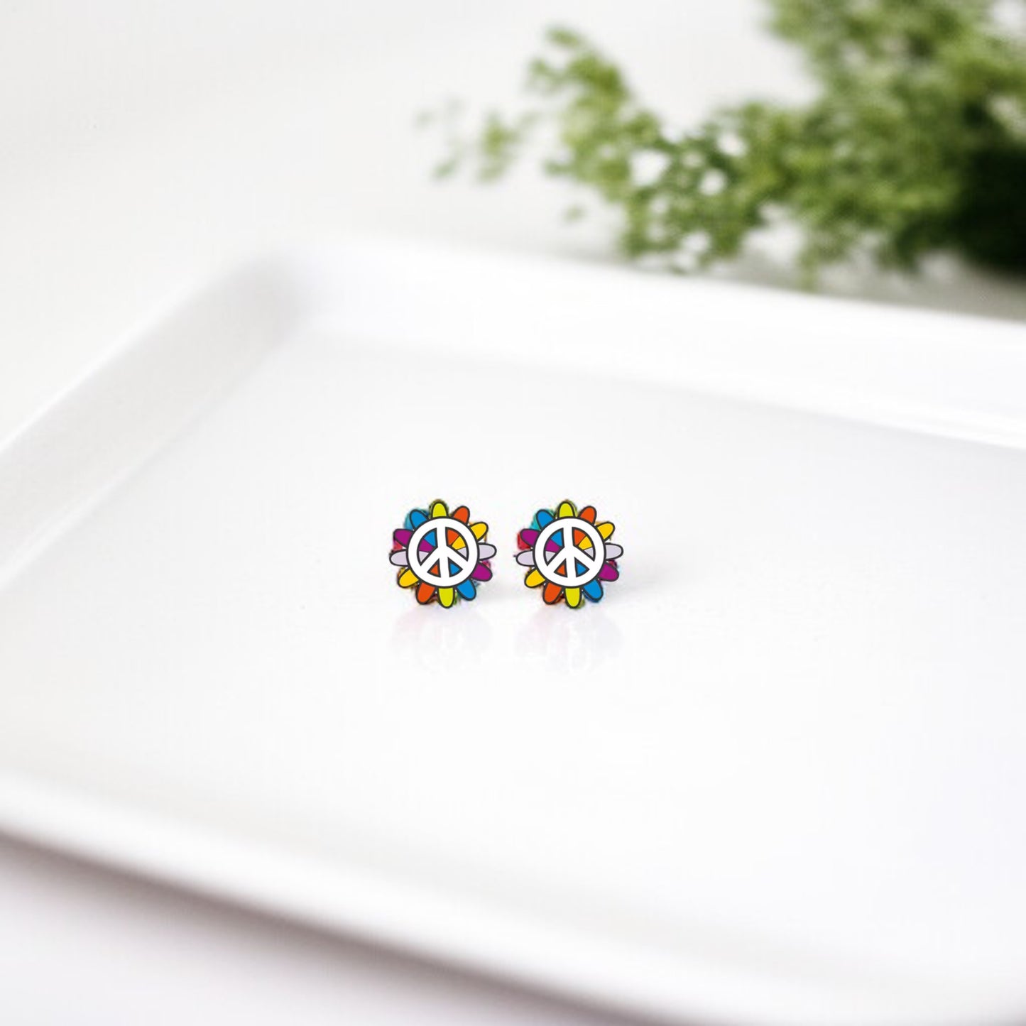 Spread the Love with Rainbow Peace Flower Stud Earrings!