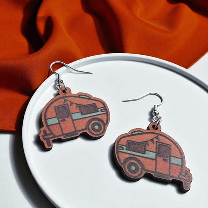 Happy Camper Vibes: Handmade Wooden Camper Dangle Earrings for Your Next Adventure