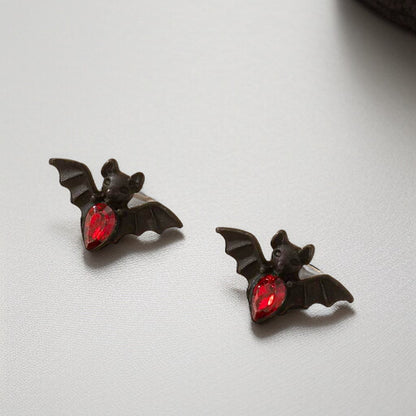 Bat-tastic Bling: Red & Black Rhinestone Stud Earrings!