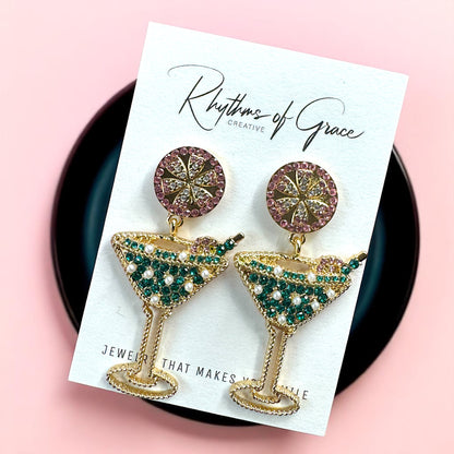 Sparkling Emerald & Pink Martini Dangle Earrings - Glamorous Statement Jewelry