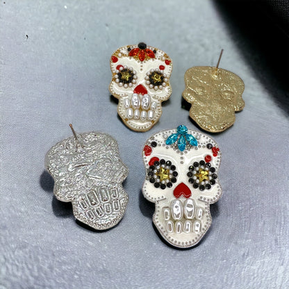 Sugar Skull Earrings - Halloween Earrings, Rhinestone Skull, Halloween Teacher, Jeweled Halloween, Skeleton Earrings - Rhythms of Grace Creative