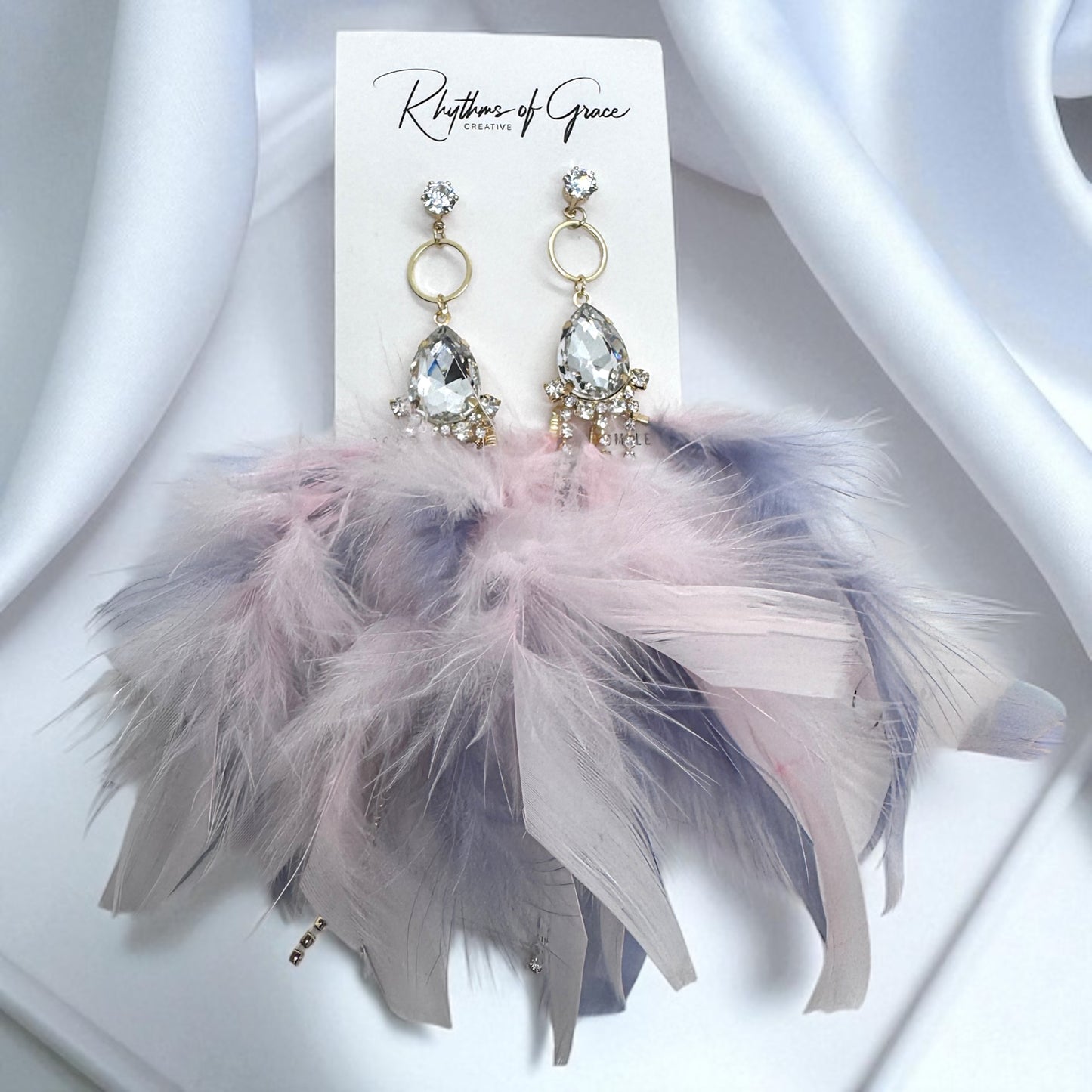 Dreamy Pink & Lavender Feather Earrings – Rhinestone Dangles for Boho Queens