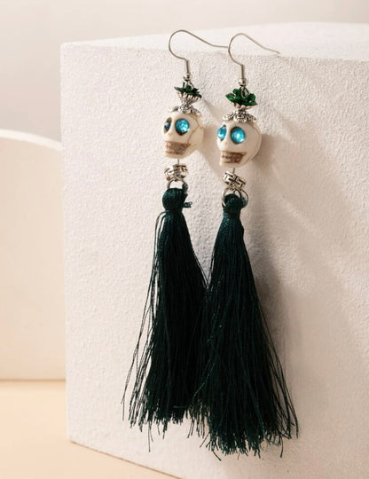 Skull Earrings - Halloween Jewelry, Skull Tassel, Halloween Accessories, Trick or Treat, Halloween Costume - Rhythms of Grace Creative