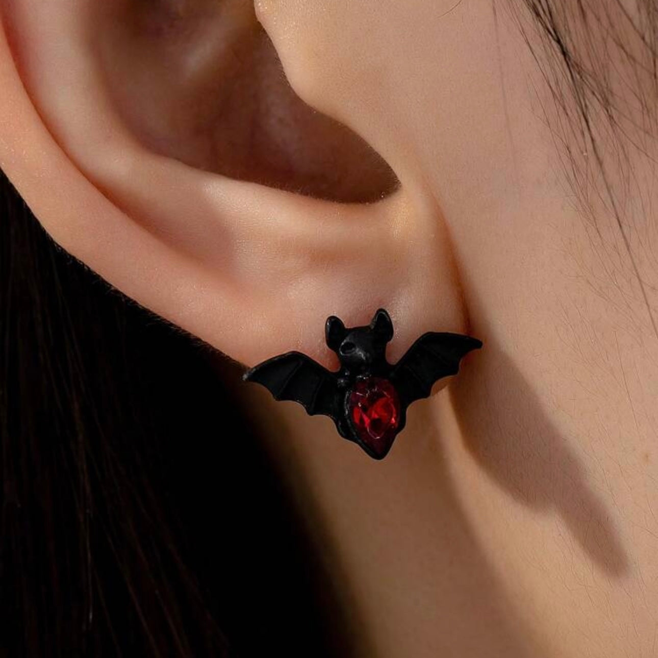 Bat-tastic Bling: Red & Black Rhinestone Stud Earrings!