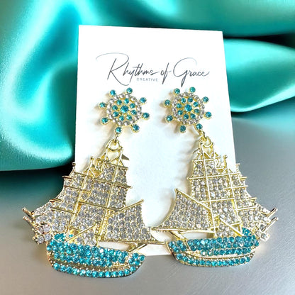 Sail Away in Style: Rhinestone Sailboat Dangle Earrings