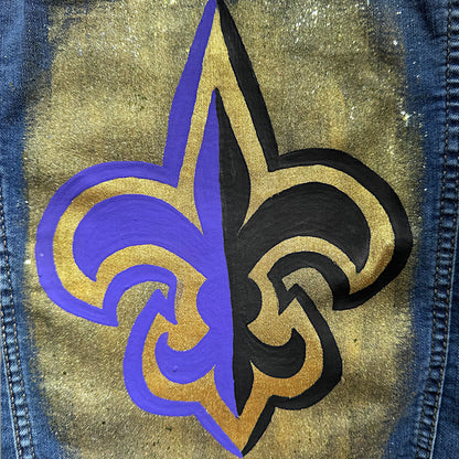 Hand-Painted Jean Jacket:  ‘Tis the Season! | Perfect for LSU & Saints Fans | Fashionable Fitted Cropped Denim