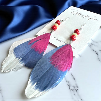 Boho Chic Red, White & Blue Feathered Dangle Earrings