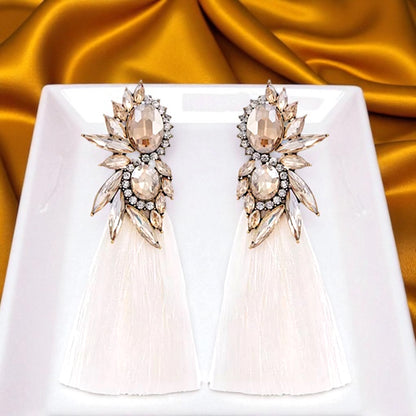 Sparkle & Shine: Dazzling Rhinestone Tassel Earrings in White & Gold!