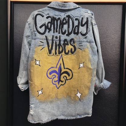 Hand-Painted Jean Jacket:  GAMEDAY! | Perfect for LSU & Saints Fans | Oversized Long Denim