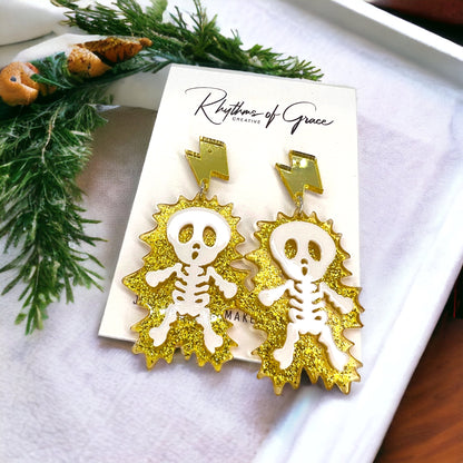 Electrify Your Look: Gold Electrocuted Skeleton Dangle Earrings for a Spook-tacular Style! - Rhythms of Grace Creative