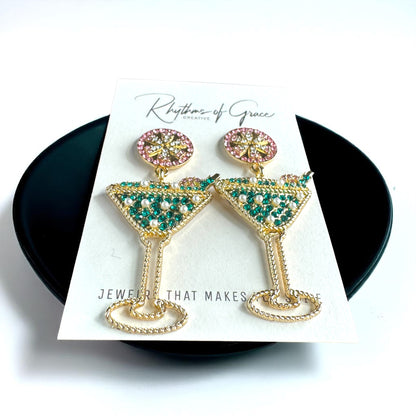 Sparkling Emerald & Pink Martini Dangle Earrings - Glamorous Statement Jewelry
