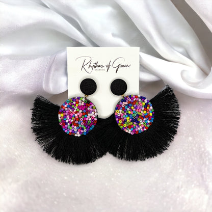 Beaded Tassel Earrings - Beaded Earrings, Beaded Accessories, Black Earrings, Rainbow Earrings - Rhythms of Grace Creative