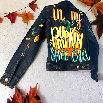 Hand Painted Jean Jacket: “In My Pumpkin Spice Era” I Ladies Size Small