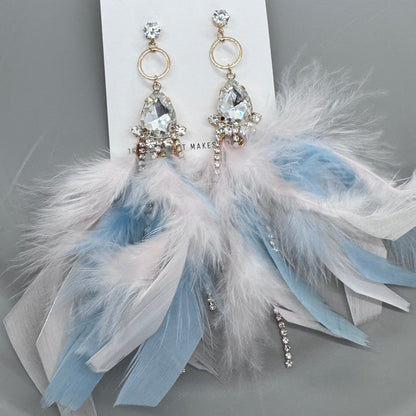 Dreamy Pink & Blue Feather Earrings – Rhinestone Dangles for Boho Queens