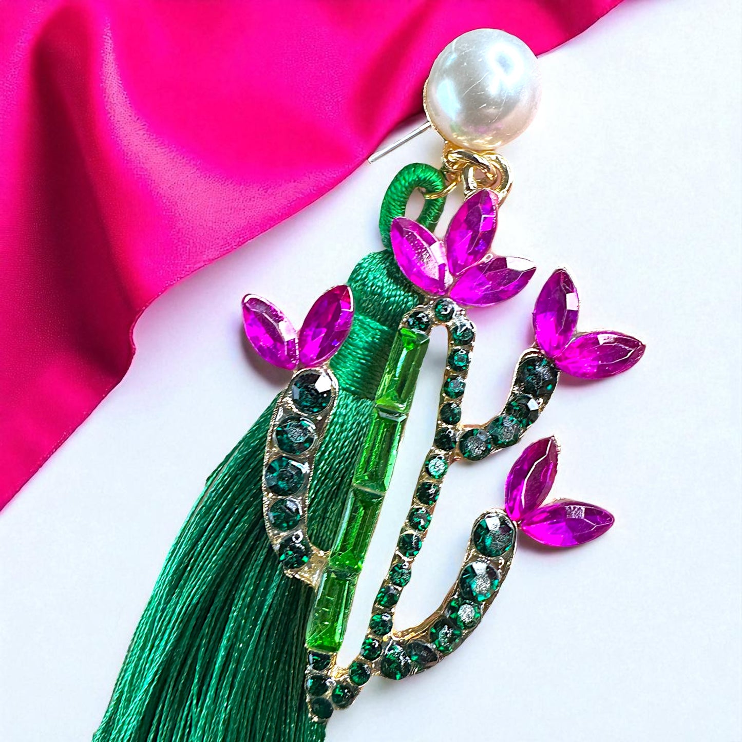 Sparkle in the Desert – Rhinestone Cactus Tassel Earrings 🌵
