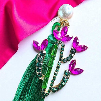 Sparkle in the Desert – Rhinestone Cactus Tassel Earrings 🌵