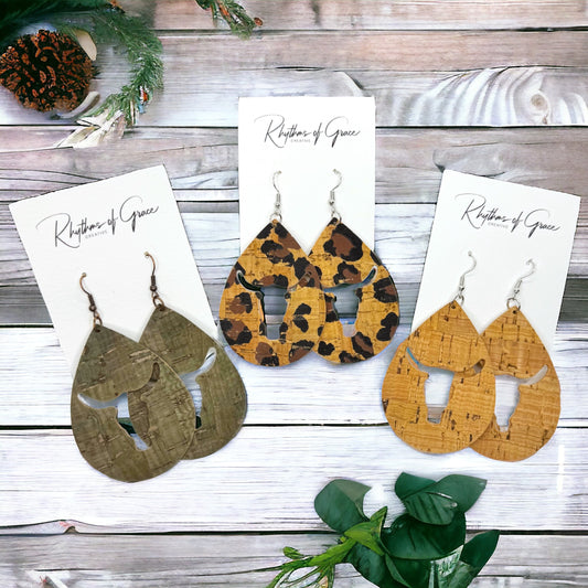 Western Teardrop Dangle Earrings with Bullhead Cutout - Rustic Charm