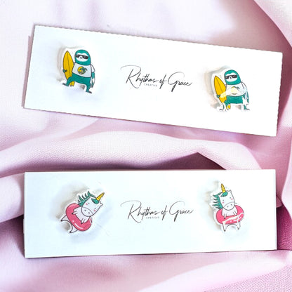 Choose Your Vibe: Unicorn or Sloth Beach Bum Stud Earrings!