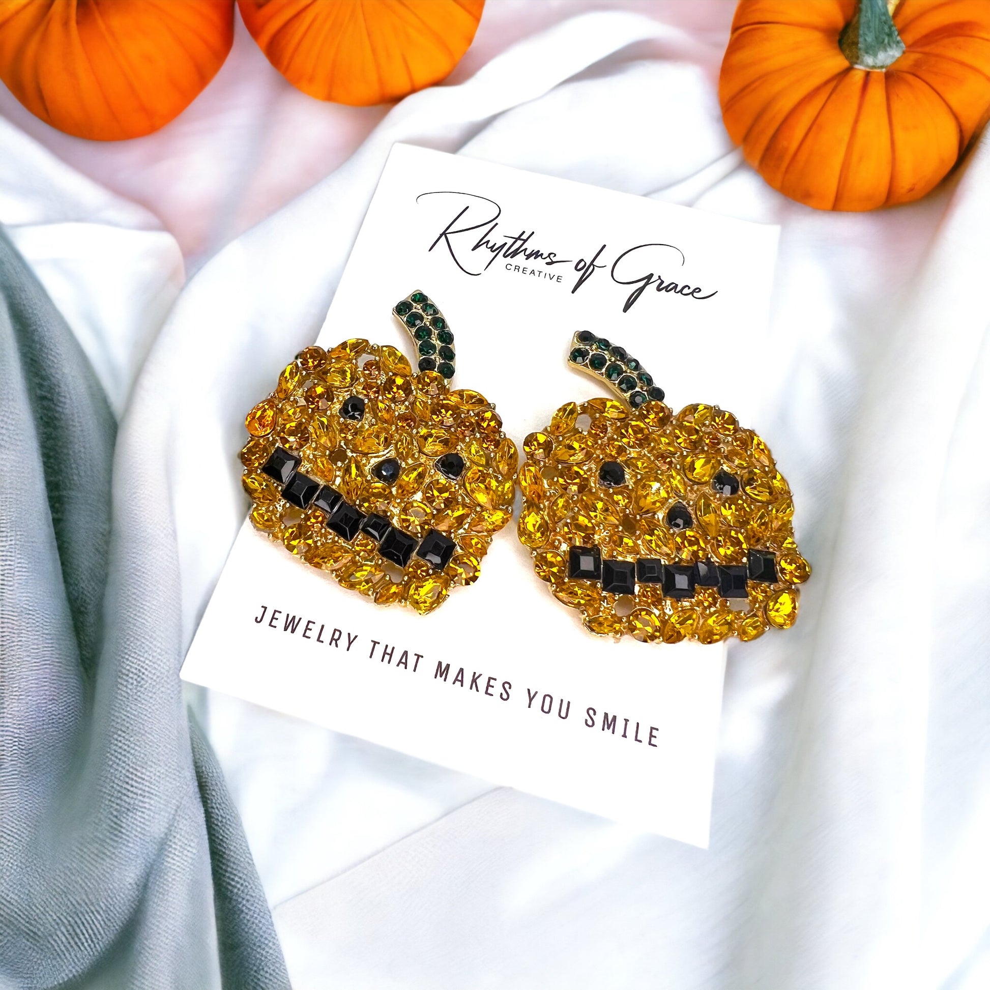 Sparkly Rhinestone Encrusted Jack-o’-Lantern Oversized Stud Earrings - Rhythms of Grace Creative