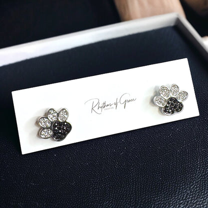 Sparkle & Paws! Silver and Black Rhinestone Paw Print Stud Earrings