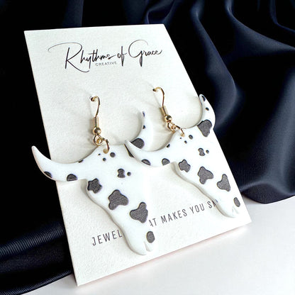 Cow Print Longhorn Dangle Earrings – Western Chic Meets Rodeo Glam!
