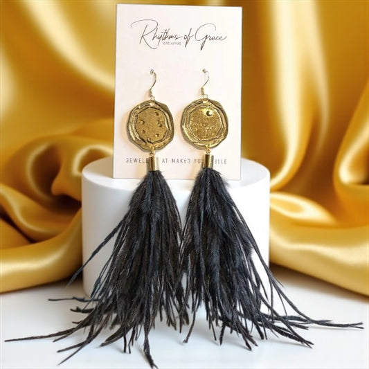 Boho Glam Vibes: Black Feather & Gold Charm Dangle Earrings – Lightweight, Bold & Beautiful!