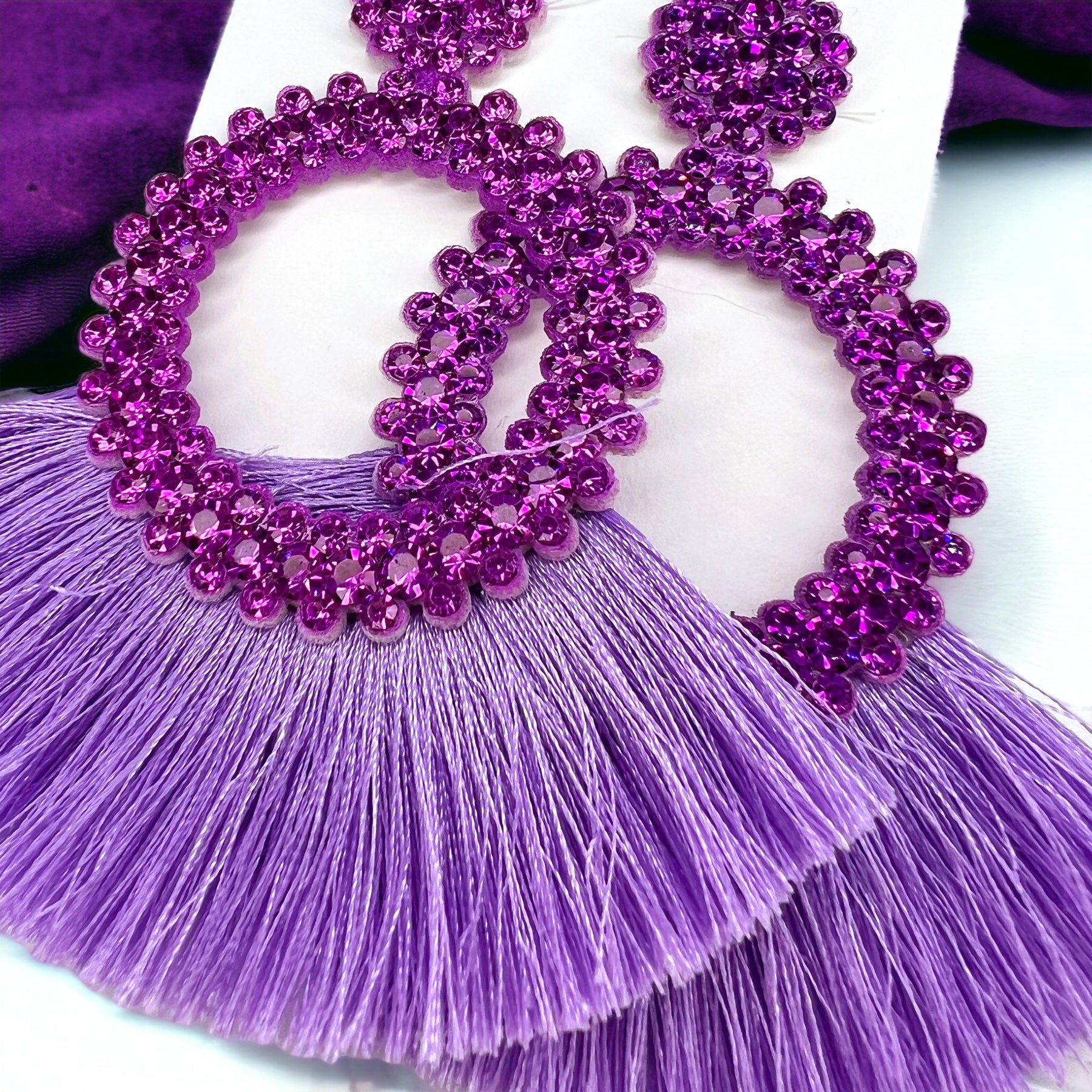 Purple Tassel Earrings - Purple Rhinestones, Rhinestone Accessories, Purple Earrings, Lavender Earrings; Purple Accessories - Rhythms of Grace Creative