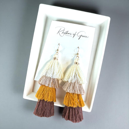 Boho Babe Alert! Tiered Tassel Earrings - Neutral Chic