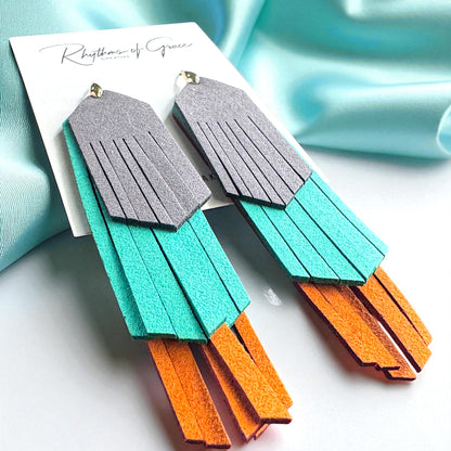 Tri-Colored Fringe Leather Dangle Earrings – Bold, Western & Totally WOW