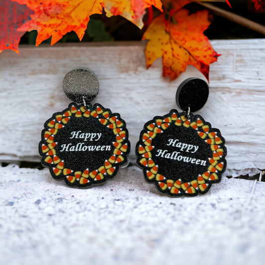 Happy Halloween Earrings - Halloween Earrings, Candy Corn, Halloween Teacher, Black and Orange - Rhythms of Grace Creative