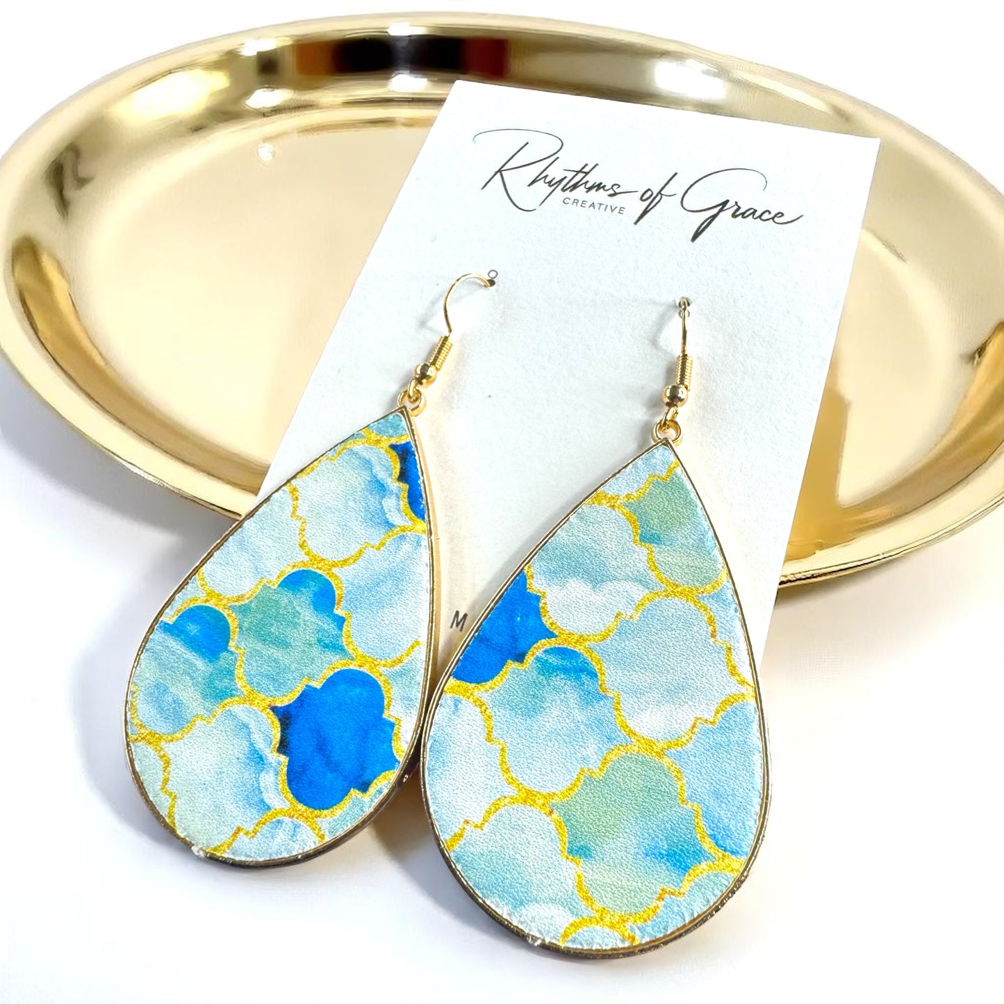 Beach Bliss: Blue, Gold & White Teardrop Dangle Earrings for Stylish Days!