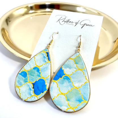 Beach Bliss: Blue, Gold & White Teardrop Dangle Earrings for Stylish Days!