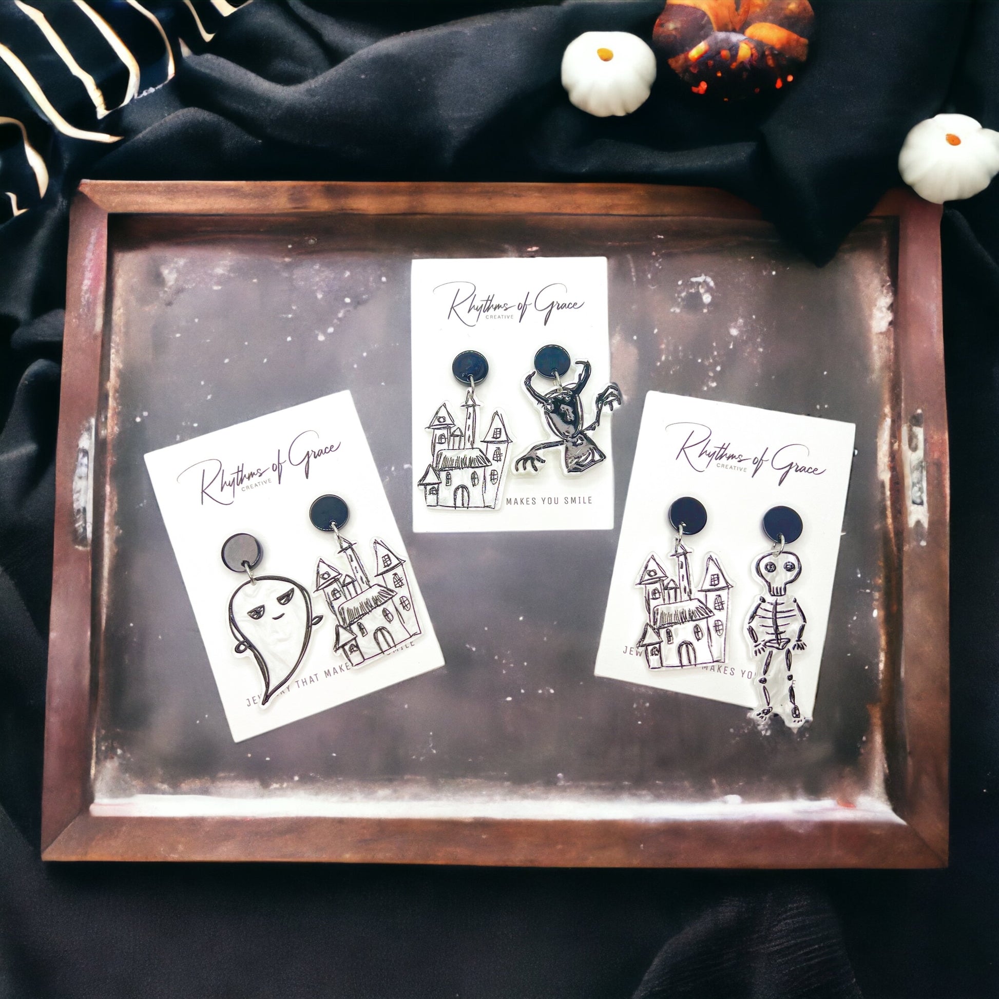 Halloween Earrings - Haunted House, Halloween Accessories , Ghost Earrings, Monster Earrings - Rhythms of Grace Creative