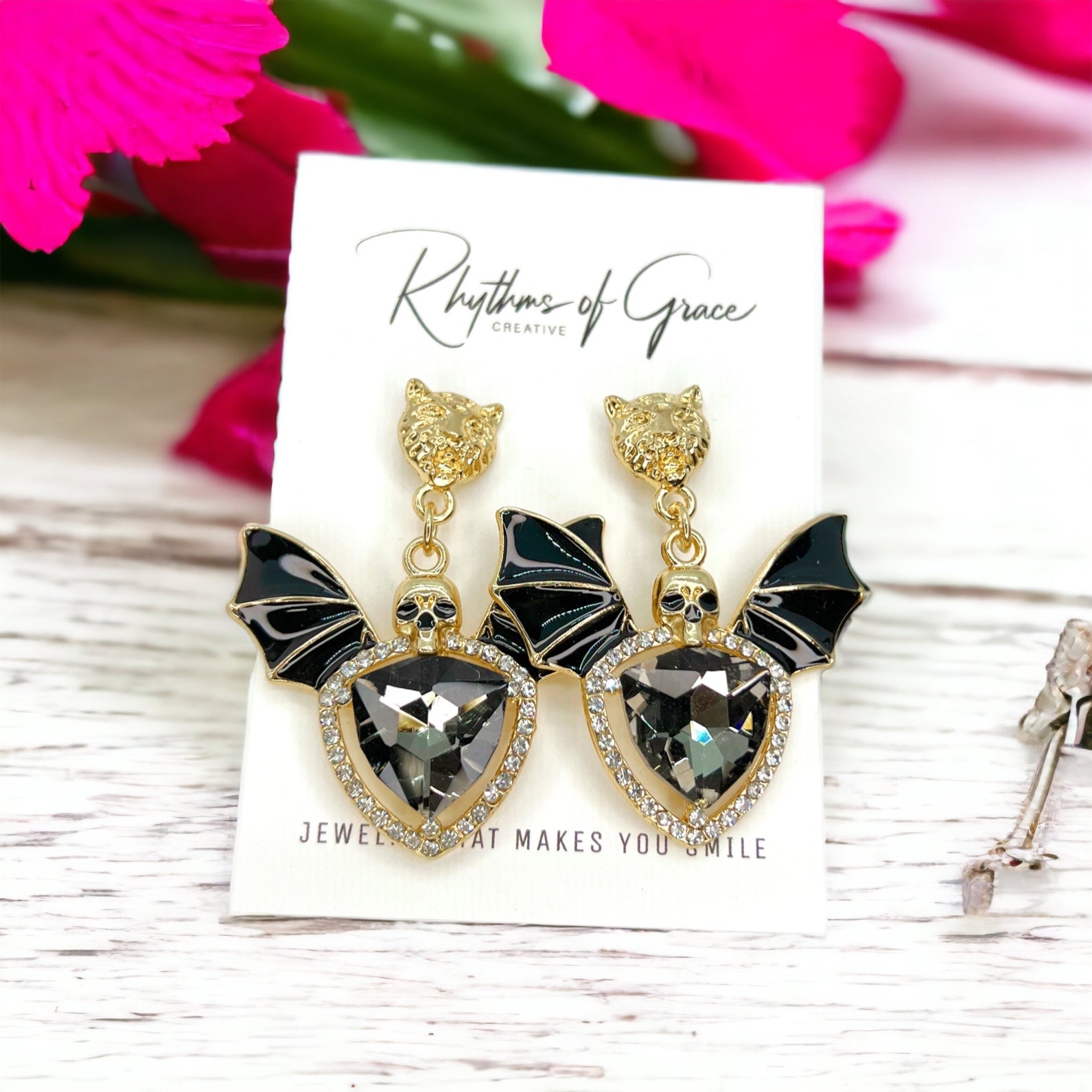 Bat Earrings - Halloween Earrings, Rhinstone Bat, Halloween Teacher, Jeweled Halloween - Rhythms of Grace Creative