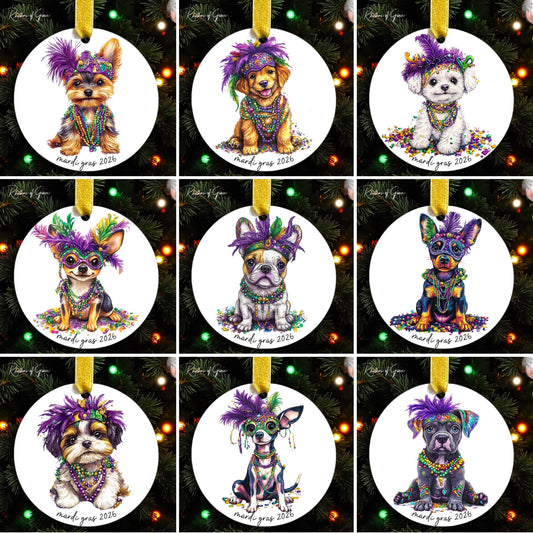 Set of dog-themed Christmas ornaments with colorful decorations on a tree.