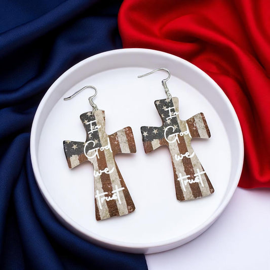 Patriotic "In God We Trust" American Flag Cross Earrings - Unique Faith Design