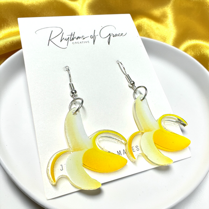 Clear Acrylic Banana Dangle Earrings | Double-Sided Peeled Banana Earrings | Savannah Bananas Inspired | Lightweight Fun Jewelry