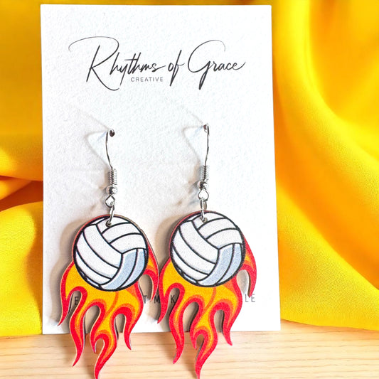 Score Big Style with Flaming Volleyball Dangle Earrings!