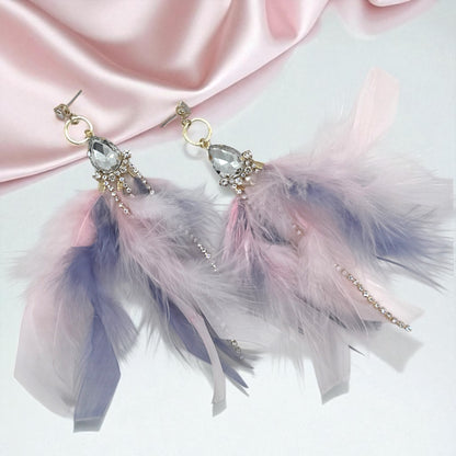 Dreamy Pink & Lavender Feather Earrings – Rhinestone Dangles for Boho Queens