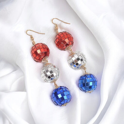 Patriotic Disco Ball Earrings - Fourth of July, Stars and Stripes, Red White and Blue