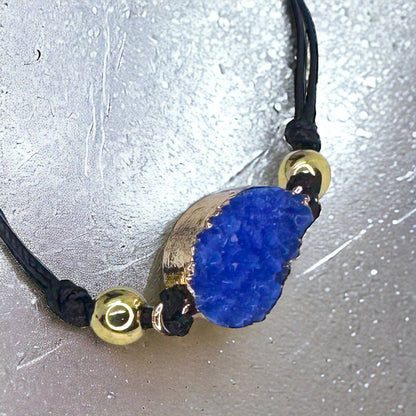 Black Leather Bracelet with Gold and Blue Charm