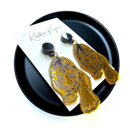 Fierce Tiger Earrings – Mirrored Acrylic Statement Dangles