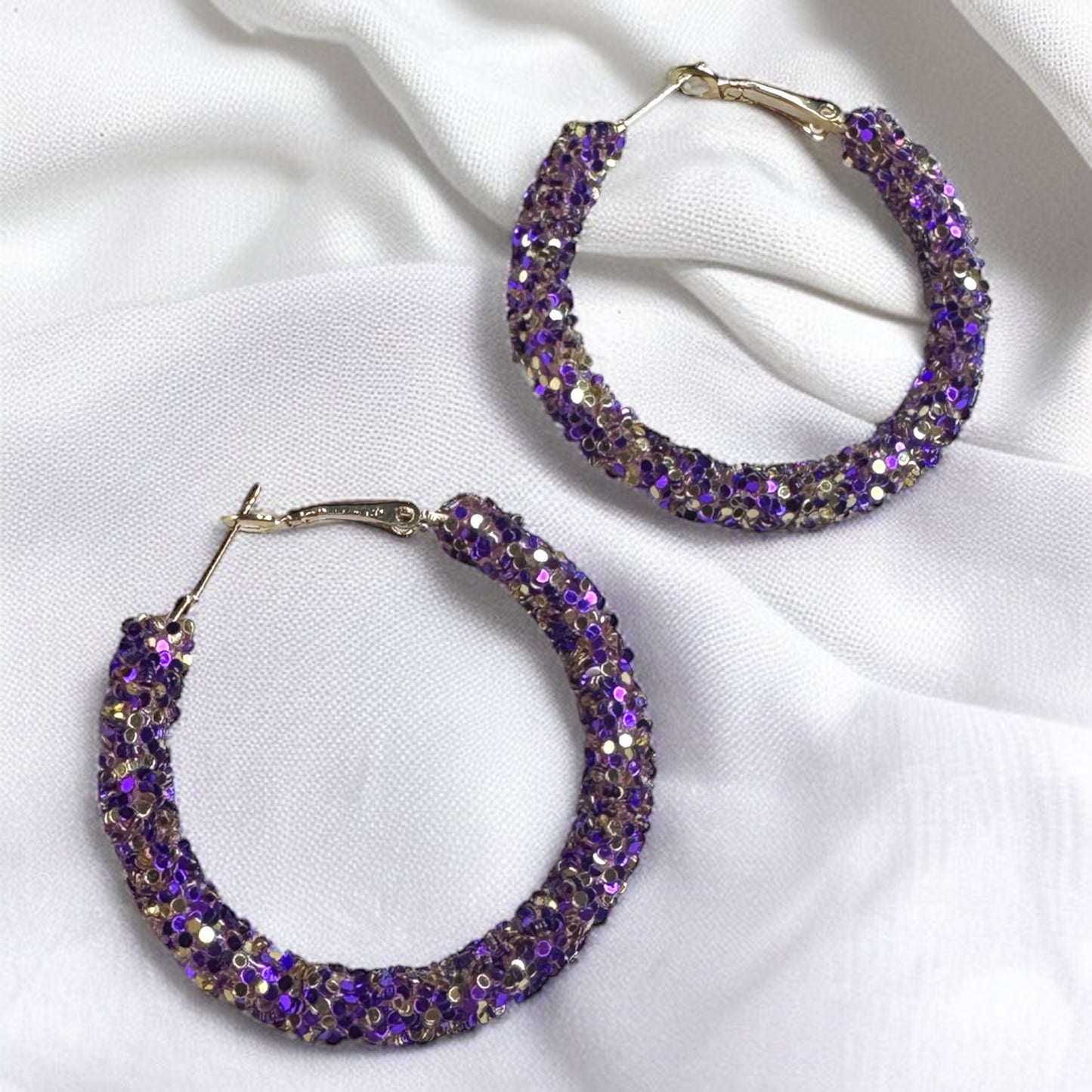 Shimmering Elegance: Purple and Gold Glitter Hoops