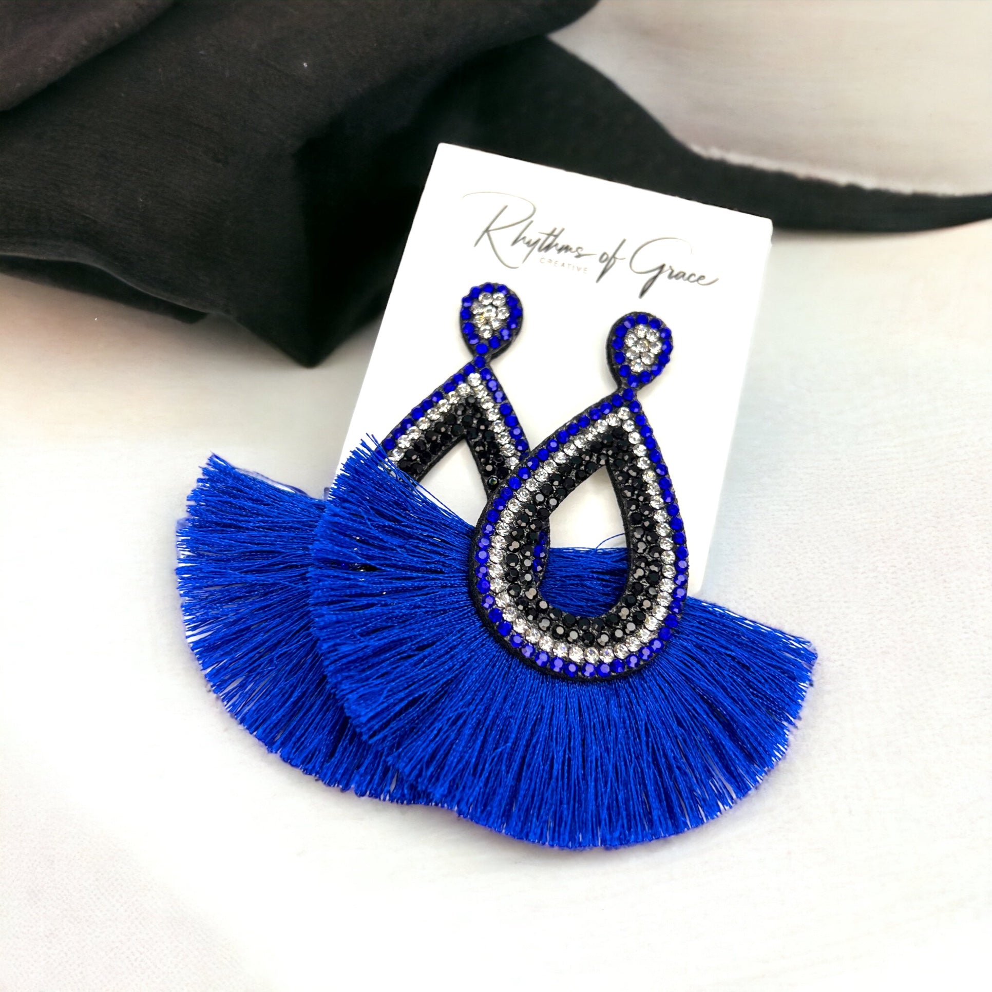 Blue and Black Earrings - Blue Accessories, Rhinestone Earrings, Blue and White Rhinestones, Fringe Earrings - Rhythms of Grace Creative