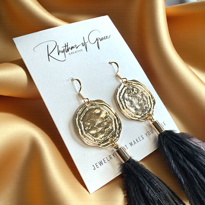 Boho Glam Vibes: Black Feather & Gold Charm Dangle Earrings – Lightweight, Bold & Beautiful!