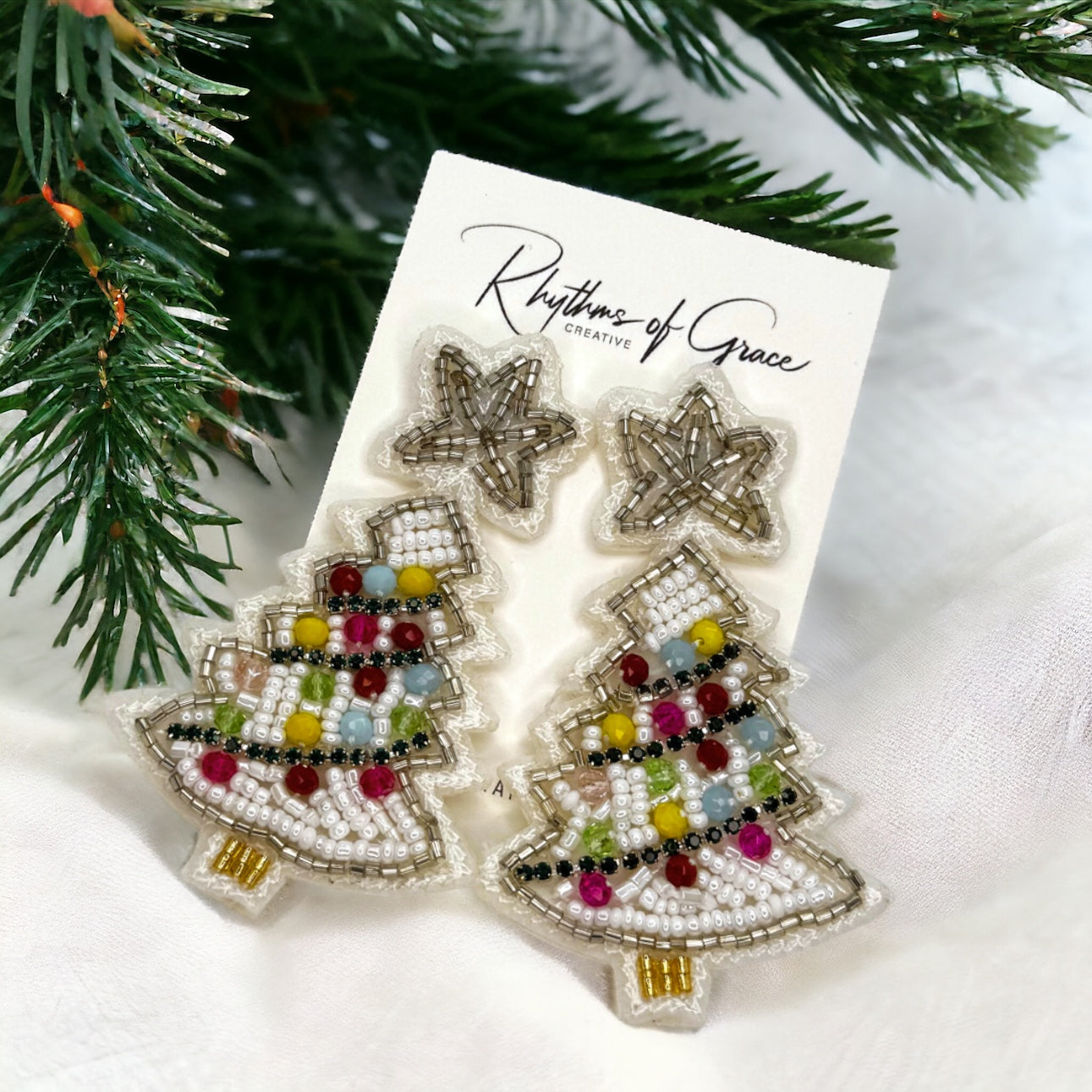 Sparkling Winter Charm: Beaded White Christmas Tree Earrings!