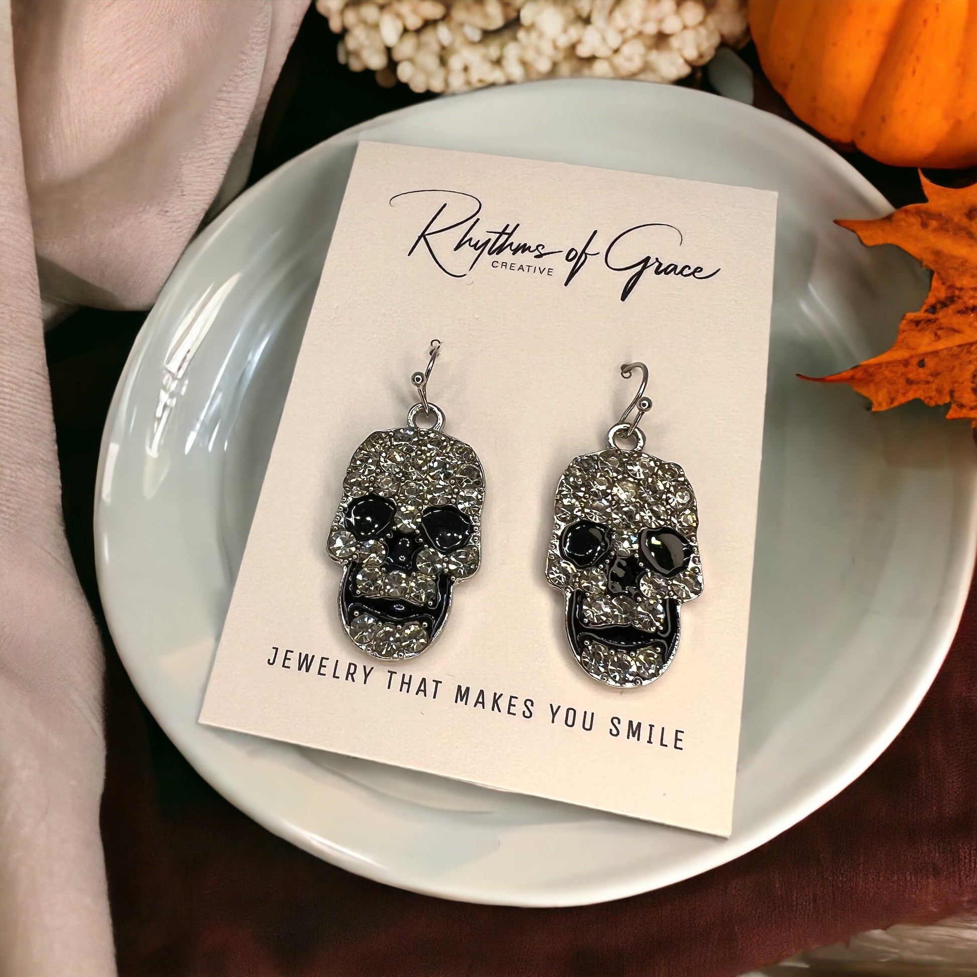 Rhinestone Skull Earrings - Halloween Jewelry, Halloween Accessories, Trick or Treat, Halloween Costume - Rhythms of Grace Creative