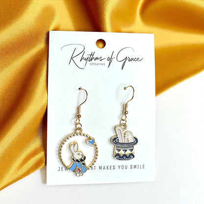 Magical Wonderland Earrings: White Rabbit & Clock Mismatch Dangles