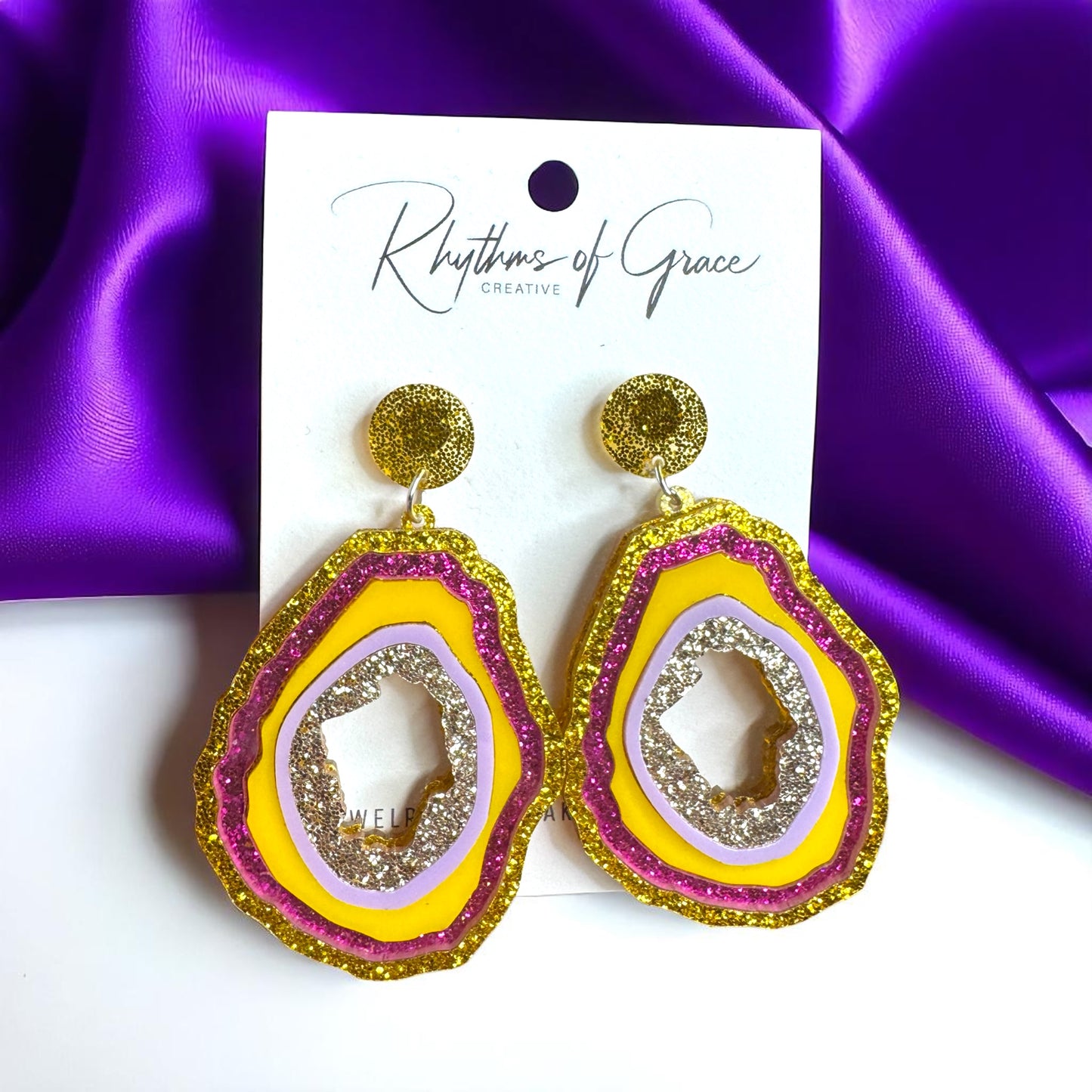 Dazzling Purple & Gold Glitter Geode Drop Earrings - Sparkle in Style!