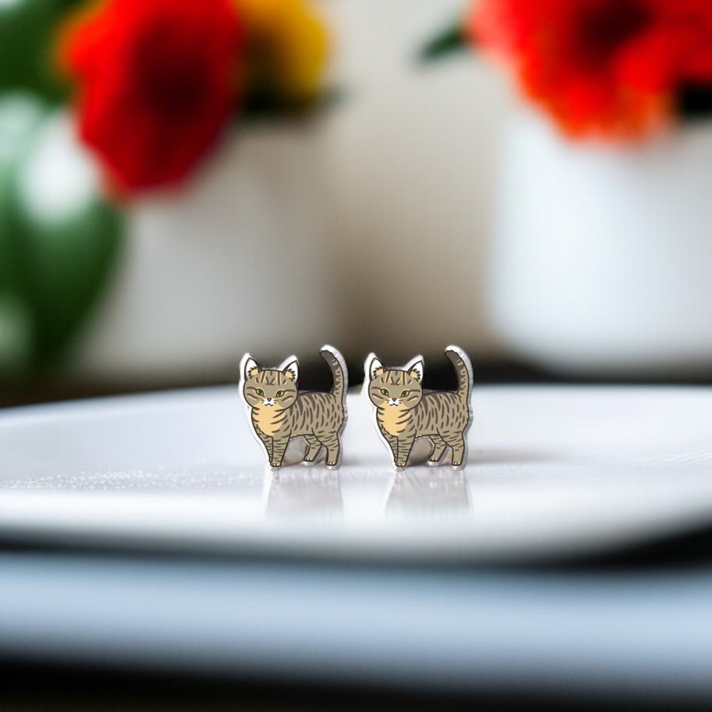 Feline Fine: Adorable Grey Tabby Cat Stud Earrings for Cat Lovers!
